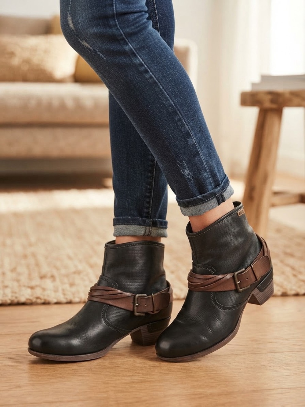 Pikolinos Black & Brown Leather Strap Ankle Booties Sz 40 / US 9.5